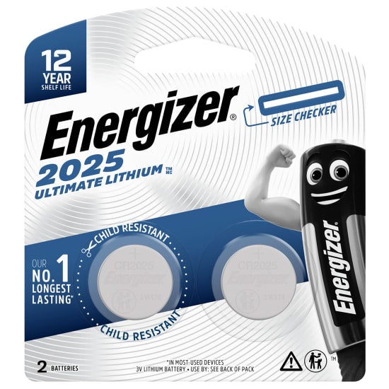 Energizer Ultimate Lithium 2025 coin batteries in a pack of 2, ideal for watches, monitors, and devices with 12-year shelf life.