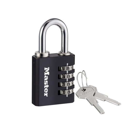 Solid zinc combination padlock with 4 dials, 10,000+ combinations, and a hardened steel shackle for secure locking.