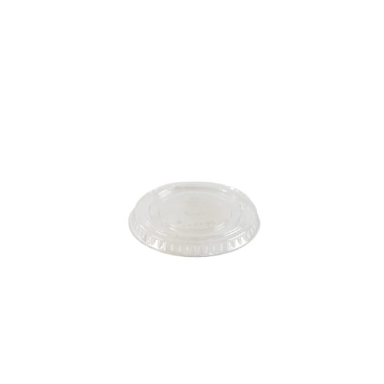 Huhtamaki Clear Plastic Lid 65Dia-100-Pack, leak-proof and crystal clear, ideal for 60ml portion containers and food presentation.