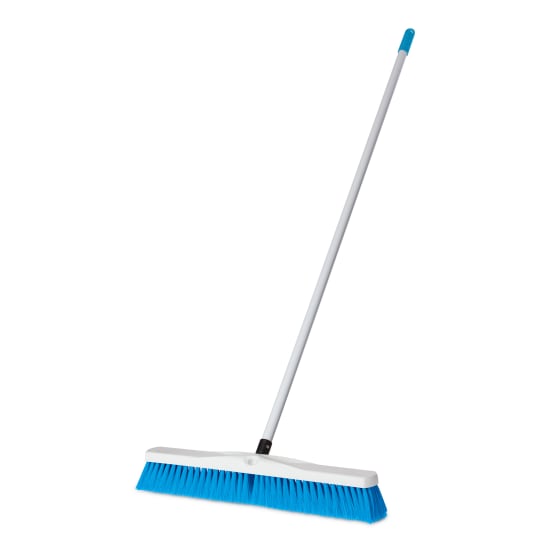 Platform Broom with 1.35m fibreglass handle and 600mm wide bristles for efficient, hygienic cleaning in blue.