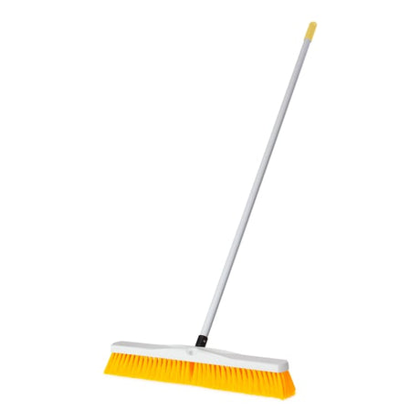 Platform Broom with a 600mm width and 1.35m fibreglass handle in yellow, ideal for effective cleaning in various spaces.