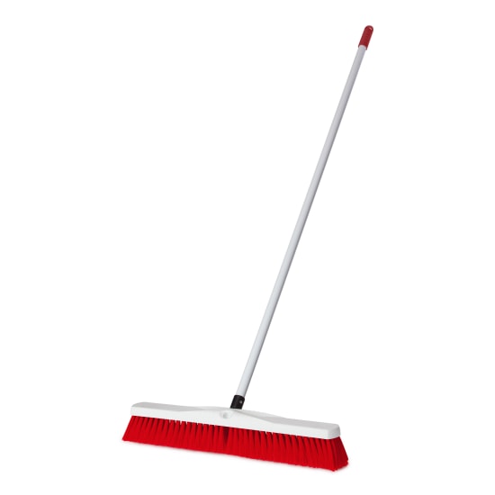 Red fibreglass broom with 600mm sweeping surface, lightweight design, ideal for efficient cleaning in commercial and residential spaces.