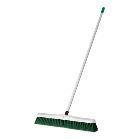 Durable 600mm green hygiene broom with fibreglass handle and synthetic bristles, ideal for efficient cleaning.