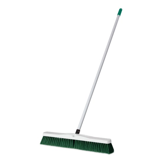 Durable 600mm green hygiene broom with fibreglass handle and synthetic bristles, ideal for efficient cleaning.