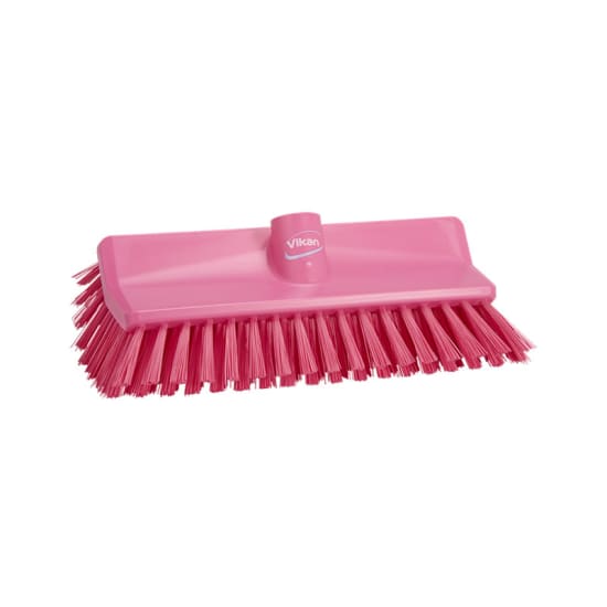 Vikan High-Lo Stiff Bristle Brush in pink, 265mm, designed for precise cleaning under equipment and hard-to-reach areas.