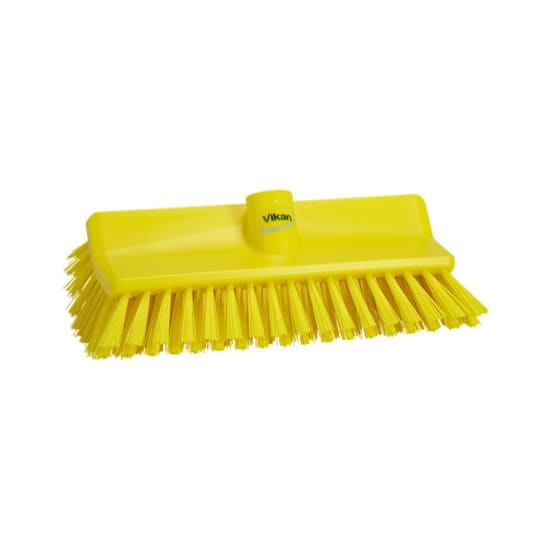 Vikan High-Lo Stiff Bristle Brush in yellow, 265mm, ideal for tough cleaning tasks in commercial and industrial settings.