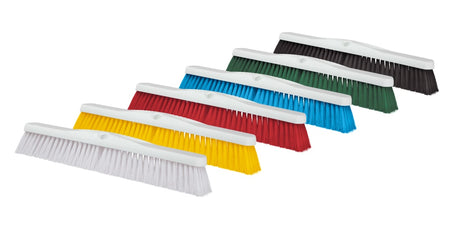 Blue 600mm Browns Hygiene Platform Broom Head with durable synthetic bristles, ideal for efficient cleaning in large areas.