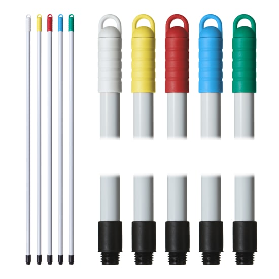 Browns White Fibre Glass TC Handle with black cap, 1.4m length, 25mm diameter, HACCP compliant for cleaning and DIY projects.