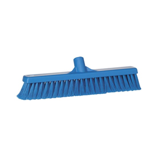 Vikan Floor Soft Bristle Broom in blue, 435mm wide, designed for effective sweeping in dry environments like bakeries.