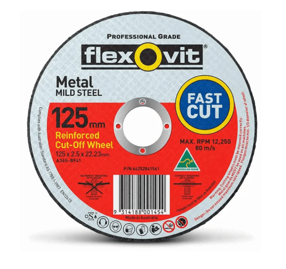 Flexovit Metal Cut-Off Wheel 125mm, durable with 40% longer life, ideal for steel/stainless steel cutting, contamination-free.