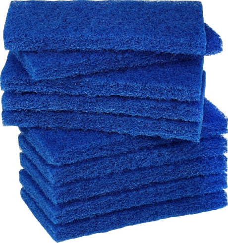 Bright blue Glomesh Glitterbug cleaning pads, 9x4 inches, made from recycled PET, pack of 10 for effective light scrubbing.