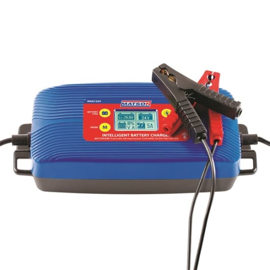 Matson Multi-Voltage Battery Charger with 6/12/24V output, lithium compatibility, and user-friendly display for efficient charging.