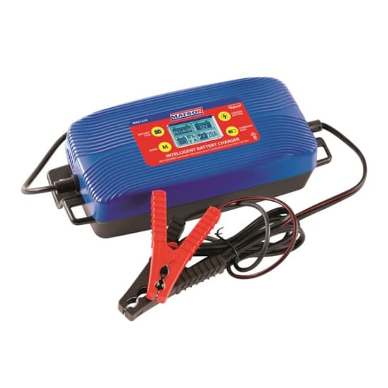 Matson Multi-Voltage Battery Charger for 6/12/24V batteries, featuring lithium compatibility, reverse polarity protection, and a clear display.