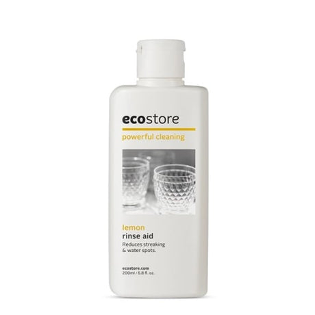 Ecostore Rinse Aid Lemon 200ml ensures streak-free, sparkling dishes with a subtle lemon scent, eco-friendly and dye-free.