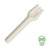 Eco-friendly BioPak plant fibre forks (15cm, 50-pack) made from renewable sugarcane pulp, compostable and plastic-free.