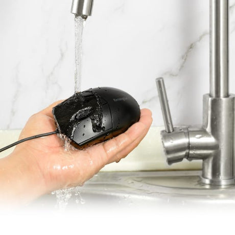 Kensington Pro Fit Washable Wired Mouse: hygienic, ambidextrous design, IP67 rating, 1,600 DPI, easy to clean for efficient use.