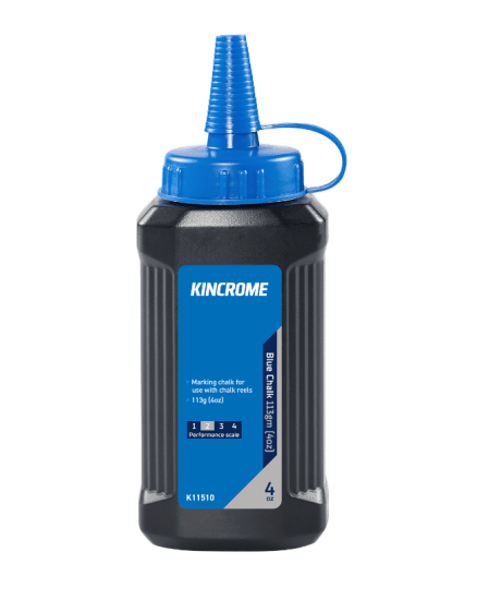 Kincrome Blue Chalk-113g in an oval bottle with easy-fill design, ideal for precise marking in various industries.