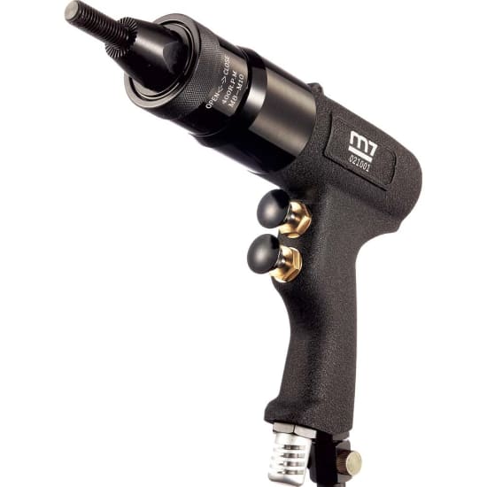 M7 Air Rivet Nut Tool for M8-M10, featuring automatic rivet action, quick release clip, and dual trigger for efficiency.