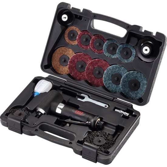 M7 18pc Air Polisher Kit featuring 2in and 3in polishers for high-performance auto and metal polishing tasks.