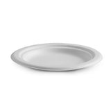 Eco-friendly 6" plant fibre plates made from sugarcane pulp, microwave-safe, and perfect for various meals—125 pack.