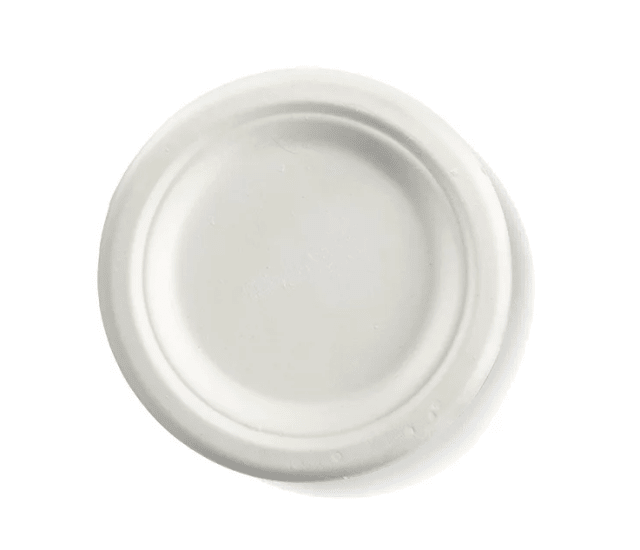Eco-friendly 6" plant fibre plate made from sugarcane pulp, ideal for meals; microwave and freezer safe, 125-pack.