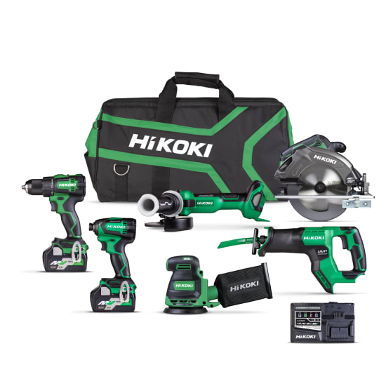 HiKOKI 18V/36V Brushless 6-Piece Combo Kit includes powerful tools for drilling, cutting, and sanding, all in a convenient carry bag.