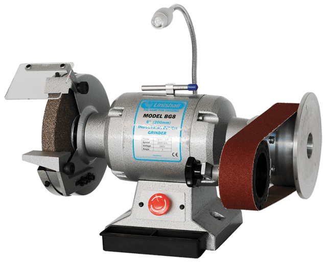 LINISHALL Bench Grinder BG8L featuring an 8" heavy-duty grinder with belt and disc attachment, ideal for precise grinding.