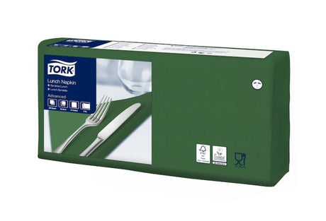 Eco-friendly Tork Green Lunch Napkins, 2-ply, perfect for dining settings; 16.4cm x 16.3cm, stylish and absorbent.