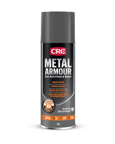 CRC Metal Armour-350g zinc-rich primer provides superior rust protection, bonding to various surfaces for lasting durability.