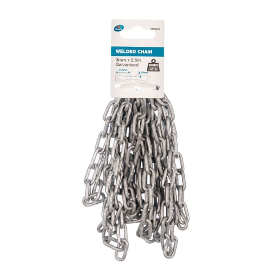 Zenith Galvanised Precut Chain, 3mm x 2.5m, ideal for medium-duty hanging and restraint with 180kg load rating.