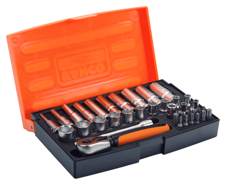 Bahco 37 Piece 1/4in Socket Set with metric hex profile sockets and screwdriver bits, crafted from high-performance alloy steel.