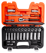 Bahco 53 Piece Deep Socket Set, featuring 1/4 and 3/8 inch sockets in a durable case, ideal for mechanics and DIY projects.