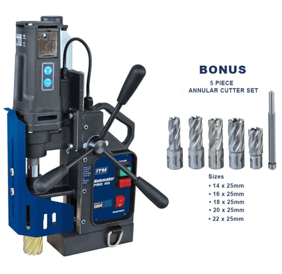 Powerful Holemaker PRO40 Mag Drill with 1020W motor, 5-cutter set, coolant feed, and robust dual coil magnet for precise drilling.