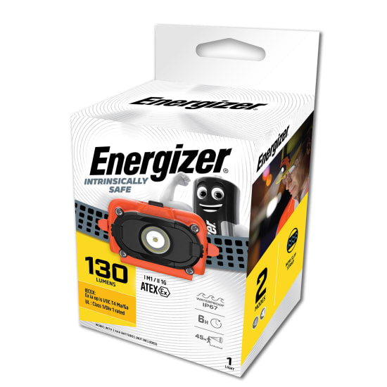 Energizer LED headlight with 4 modes, anti-static casing, pivoting beam, and adjustable headband for hands-free use in hazardous areas.