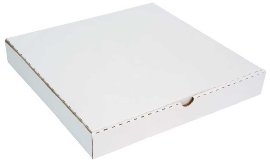 12" white corrugated pizza box bundle of 50, designed for secure transport and freshness of pizzas, self-locking assembly.