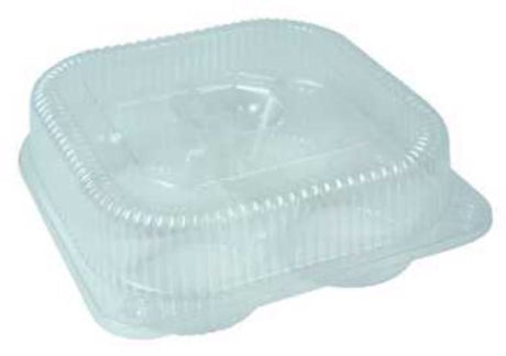 Clear PET clamshell container for 4 muffins, 200x200x70mm, ideal for secure and appealing bakery presentation.