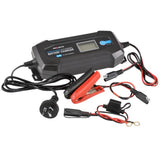 Smart 4A 6/12V battery charger with 8 stages, lightweight, weatherproof, spark-free, features LCD display for monitoring.