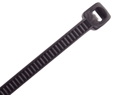 Durable UV black nylon cable ties, 200mm x 4.8mm, pack of 100, ideal for bundling and organizing cables securely.