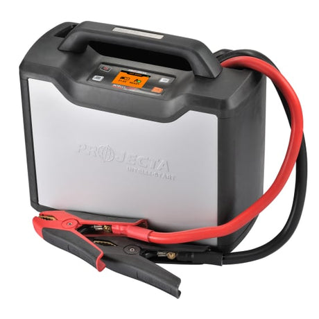 Mobile Projecta Industrial Jump Starter with 5000A capacity for 12/24V vehicles, featuring LCD, rapid recharge, and rugged design.