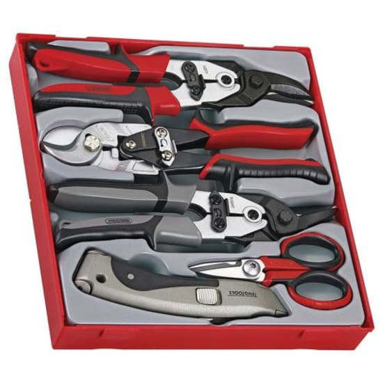 5-piece Teng cutting tools set with snips, utility knife, industrial scissors, cable cutters in a convenient TC tray.