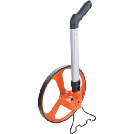 Lightweight Groz Measuring Wheel with rubber tread, 5-digit counter, adjustable handle, and foldable kickstand for accurate measurements.