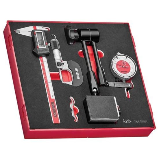 Teng 3pc Measuring Tool Set featuring digital caliper, micrometer, and dial indicator, organized in a double width TC tray.