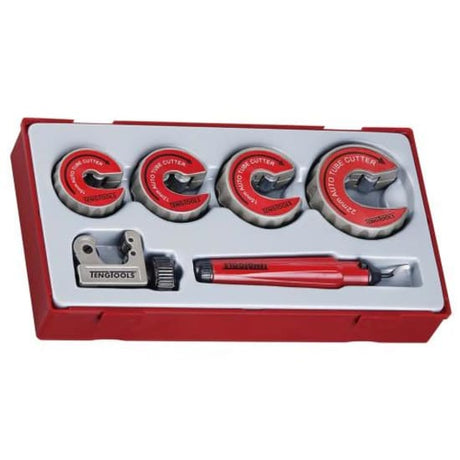 Teng 6pc Tube Cutter Set featuring six pipe cutters for 3-22mm pipes, includes deburring tool, compact tray for easy organization.