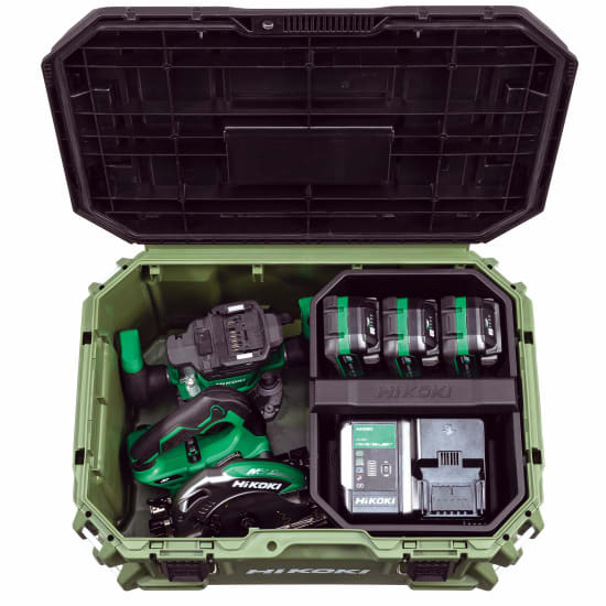 HiKOKI Multi Cruiser Toolbox-Large featuring a 40kg capacity, IP65 protection, rugged design, and USB charging access.