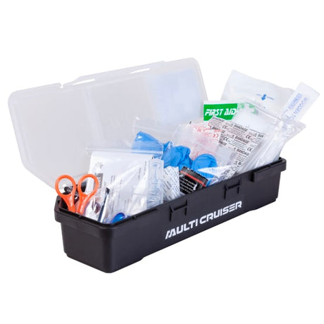 HiKOKI Multi Cruiser First Aid Kit with 85 essential supplies for emergencies, including scissors, bandages, and CPR mask.