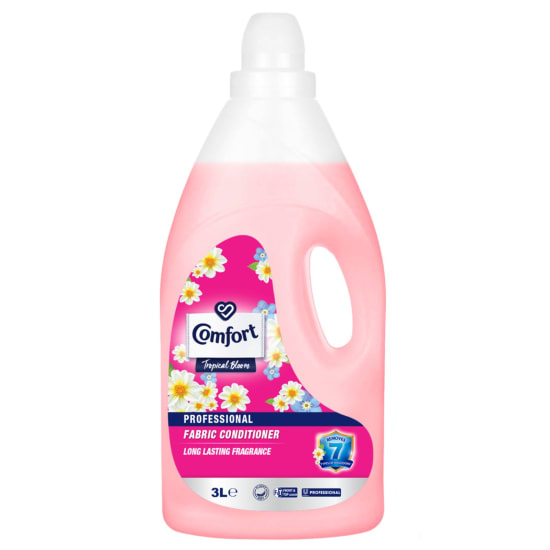 Comfort Pro Tropical Bloom 3L bottle, a fabric conditioner for soft, fragrant clothes that fights malodours and enhances longevity.