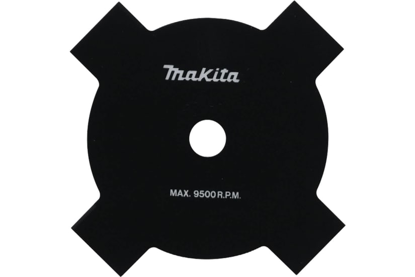 Makita 4-tooth metal brushcutter blade, 255mm, for efficient cutting of grasses and shrubs; reversible for extended life.