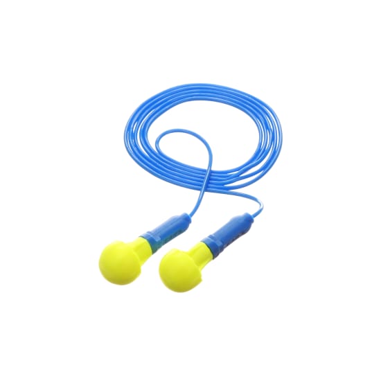 3M E-A-R Push-Ins Corded Earplugs 318-1003 in yellow and blue, featuring no-roll design, heat-activated foam for comfort and noise reduction.