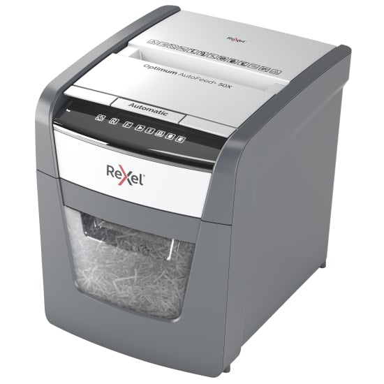 Rexel Optimum Autofeed Shredder 50X Cross Cut, efficient 50-sheet capacity, quiet operation, and secure P-4 cross-cut shredding.