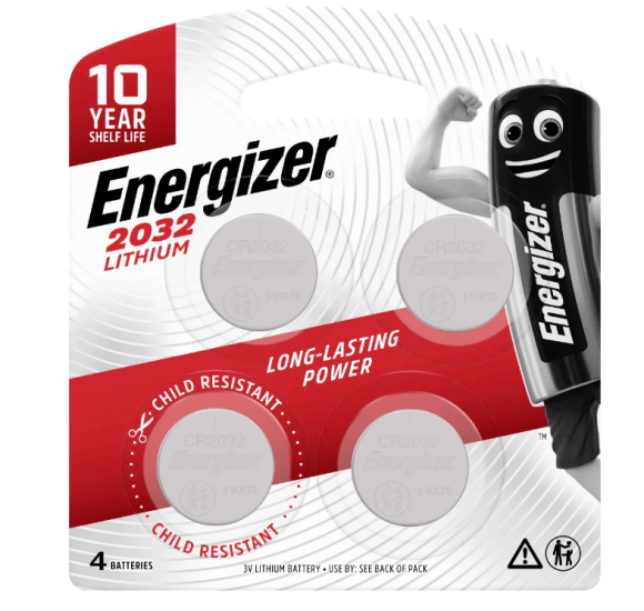 Energizer 2032 Lithium coin battery pack of 4, perfect for electronics with a 10-year shelf life and extreme temperature tolerance.